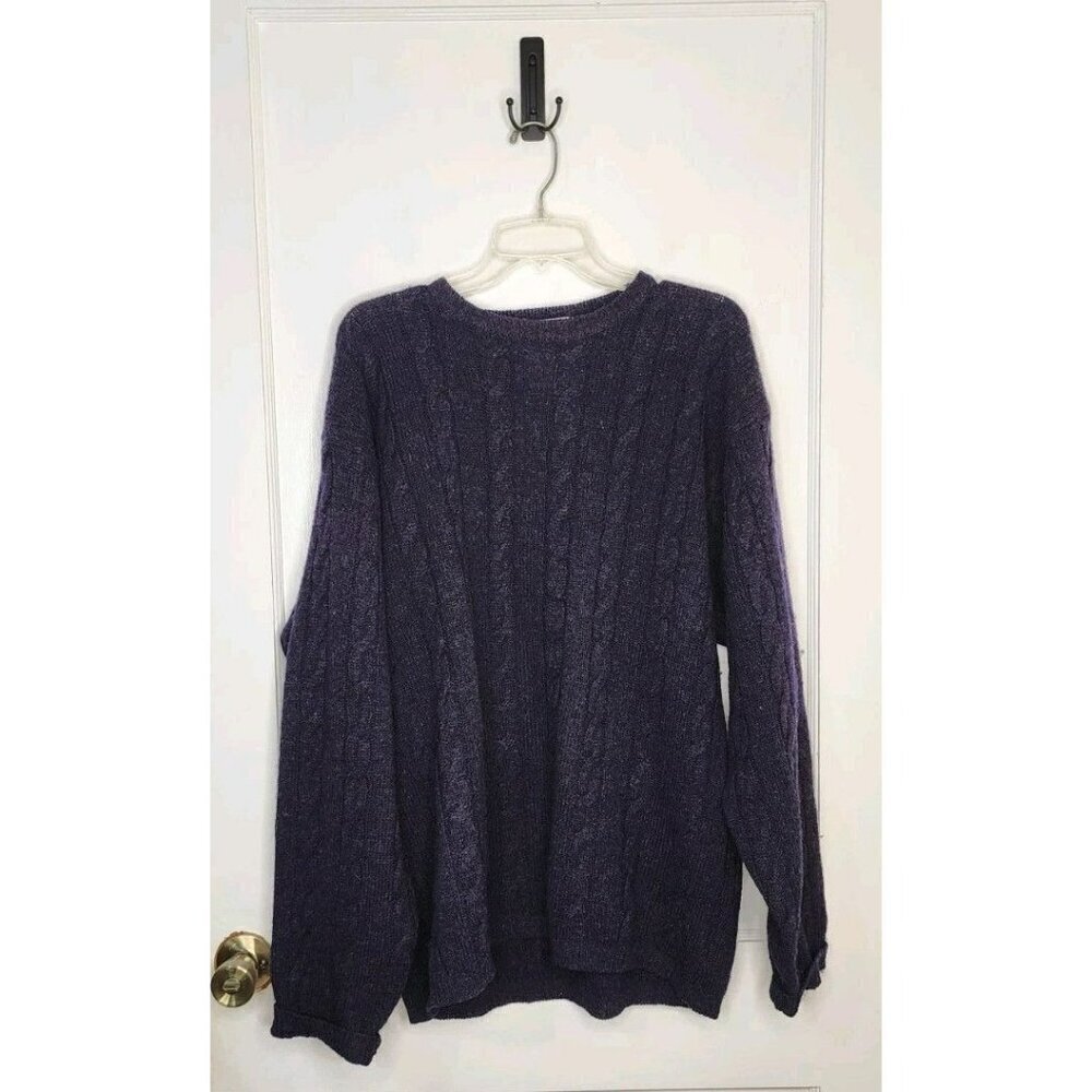 Vintage Eddie Bauer Sweater Sz L Shetland Wool Dark Blue Cable Knit Crew Neck